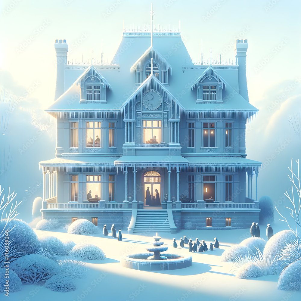 Winter Wonderland: Enchanting Ice Mansion with Snow-Covered Trees and Penguins, Lit Interior Showcasing People - Concept of Serene, Magical Holiday Escape