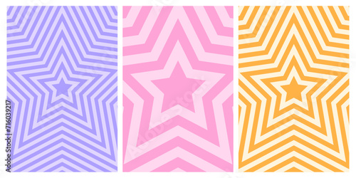 Set of posters with concentric stars. Trendy y2k patterns in pastel colors. Trippy psychedelic wallpaper designs. Aesthetic backgrounds with hypnotic effects. Vector flat illustration photo