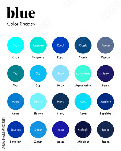 Palette of Blue Shades with Corresponding Names, Collection of Blues Color Swatches. Modern Minimal Design Template