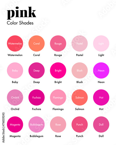 Palette of Pink Shades with Corresponding Names, Collection of Pinks Color Swatches. Modern Minimal Design Template
