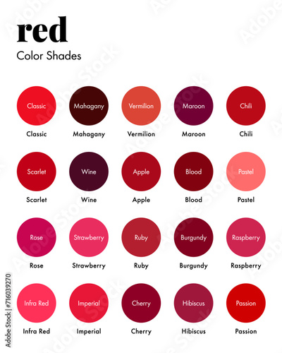 Palette of Red Shades with Corresponding Names, Collection of Reds Color Swatches. Modern Minimal Design Template
