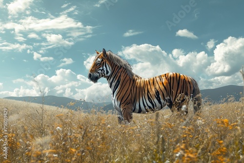 A majestic bengal tiger stands tall in a vast field, surrounded by the beauty of nature and the towering presence of a distant mountain