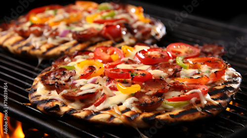 Big pepperoni pizza tasty composition with melting cheese bacon tomatoes ham paprika steam smoke on black background