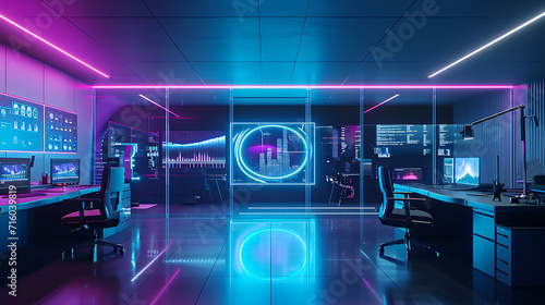 Um elegante espaço de escritório minimalista é iluminado por luzes azuis e roxas lançando um brilho futurista sobre as superfícies metálicas elegantes photo