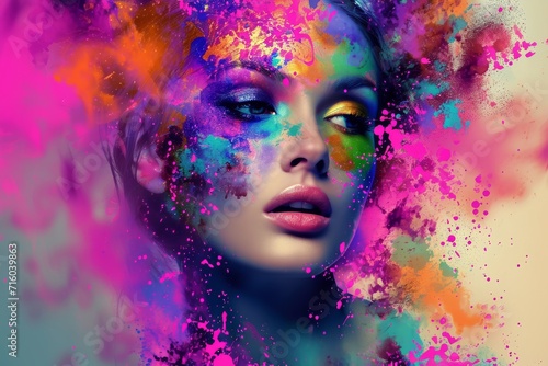 A vibrant woman's portrait, adorned with magenta paint and pink lipstick, evokes a sense of artistry and beauty