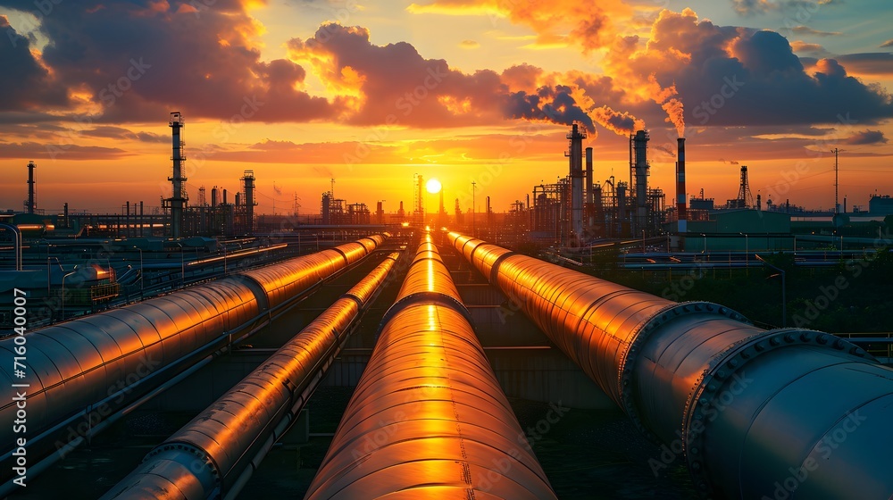 a large industrial pipe in a factory with a sunset in the background and a sky with clouds in the foreground