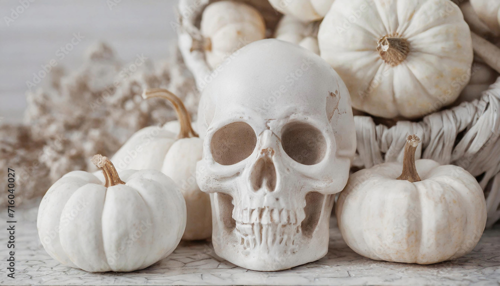 Skull with small, white pumpkins, close up, halloween, autumn atmosphere Skull with small, white pumpkins, close up, halloween, autumn atmosphere