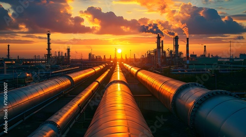 a large industrial pipe in a factory with a sunset in the background and a sky with clouds in the foreground