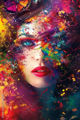 A vibrant portrait of a woman with a painted face, radiating artistic beauty and bold expression through colorful hues