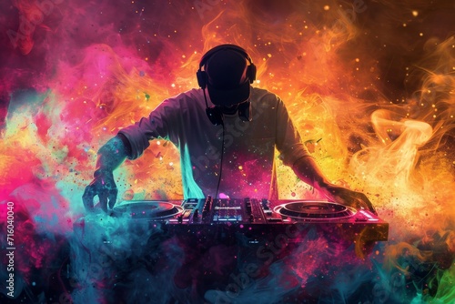 A vibrant deejay sets the stage ablaze, harmonizing with their music as colorful smoke dances around them photo