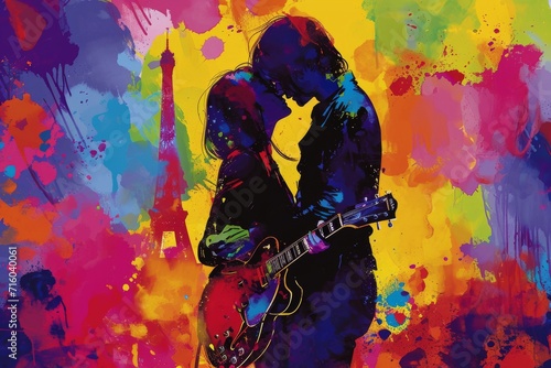 A passionate embrace set against a backdrop of vibrant acrylic strokes, as a couple finds harmony in both love and music with a guitar in hand