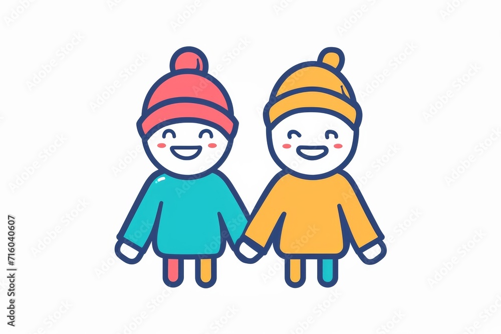 A heartwarming clipart illustration of two cheerful cartoon characters, drawn with vibrant colors and big smiles, holding hands in a display of friendship and love A heartwarming clipart illustration of two cheerful cartoon characters, drawn with vibrant colors and big smiles, holding hands in a display of friendship and love