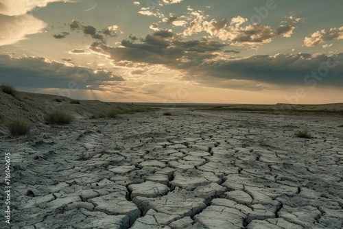 The barren landscape of a dry lake reflects the colors of the fiery sunset, as clouds drift lazily above the cracked ground and desolate riverbed, embodying the harsh beauty of nature's drought