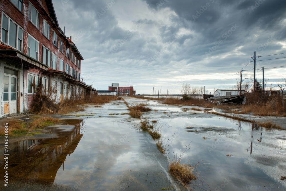 Amidst a winter landscape, an abandoned street lined with flooded buildings reflects the cloudy sky and a river running through the ground, leaving behind a desolate yet hauntingly beautiful scene