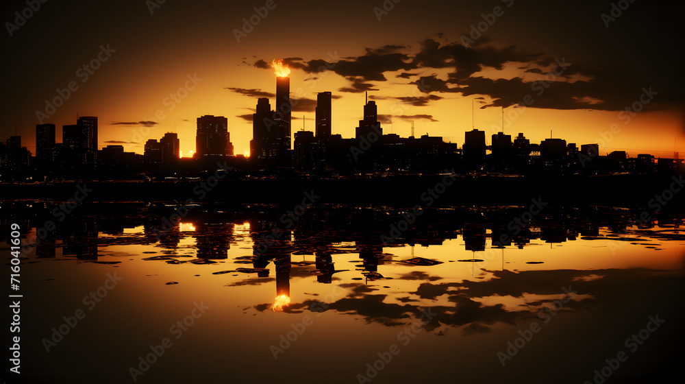 sunset illuminates the silhouette of an urban setting