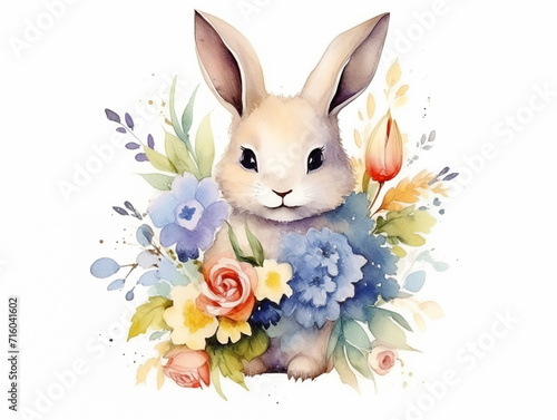 Watercolor illustration of cute bunny with flowers on white background