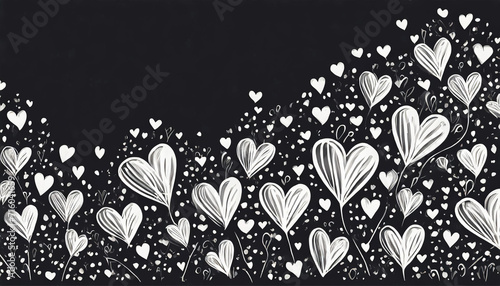 Illustration of white drawn hearts on a black background, love, Valentine s Day photo