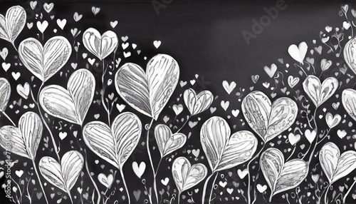 Drawing, illustration of white drawn hearts on a black background, love, Valentine s Day photo