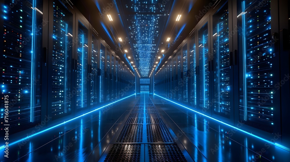 a long hallway with rows of servers in a data center with blue lights on the ceiling and flooring - obrazy, fototapety, plakaty 