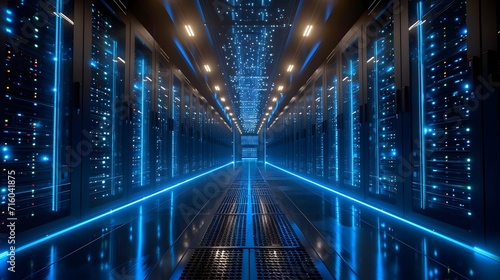 a long hallway with rows of servers in a data center with blue lights on the ceiling and flooring photo