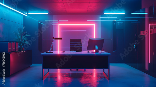 Um espaço de trabalho minimalista e elegante é banhado pelo suave brilho da luz neon criando uma atmosfera futurista