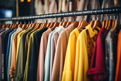 Colorful clothes on hangers in a fashion store. shopping concept. Clothes hanging on hangers in home closet. shopping mall concept. Colorful outfits collection. Panorama ad.