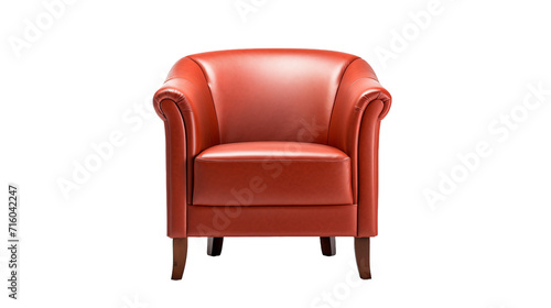 A red leather chair with wooden legs, providing a stylish and comfortable seating option. 