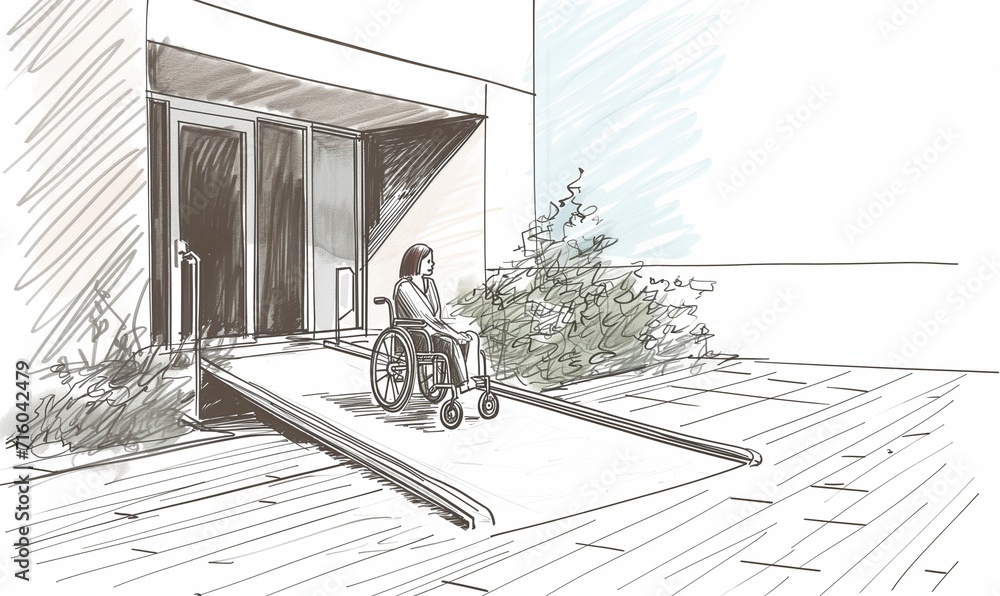 Wheelchair user leaving a building via an access ramp, mobiliy impaired ...