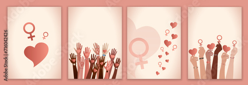 Group of raised hands of multicultural women holding red heart and female symbol. International women’s day. Diversity - inclusion - equality or empowerment concept.Template poster banner