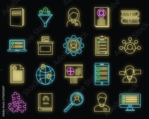 Sociology school icons set. Outline set of sociology school vector icons neon color on black