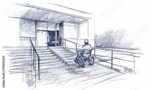 Architecture sketch for building project with access ramp for the disabled, a wheelchair user is accessing alone an office entrance, appartment or institution, mobility impaired friendly urban design