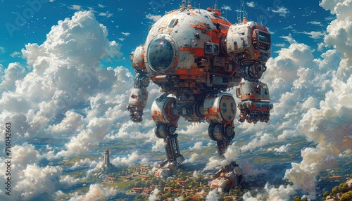 Vivid Fantasy Art Expansive Skies and Mechanical Whimsy in Colorful Mindscapes. Generative AI