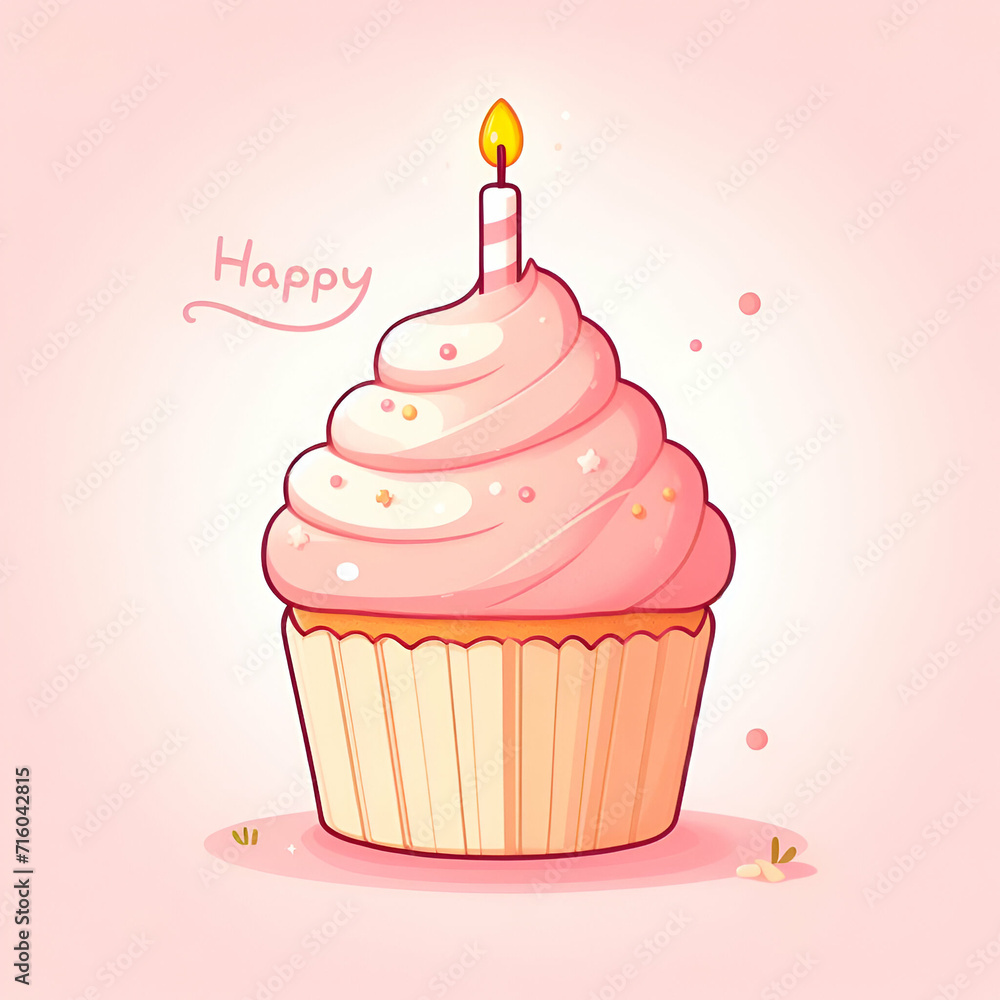 illustration birthday cupcake with candle on pink background