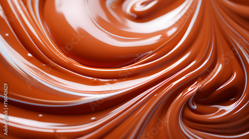Liquid brown sweet chocolate cream or melted cocoa and pieces of dessert on dark © bravissimos
