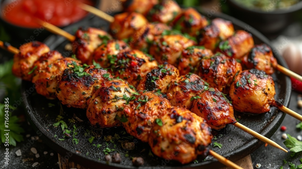 Culinary Masterpiece: Close-Up of Chicken Kebab with Iron Utensils