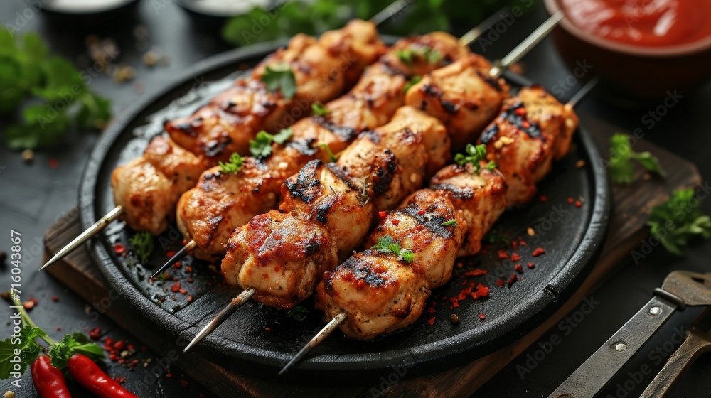 Gourmet Dining: Chicken Kebab Skewers on a Black Plate with Tomato Sauce