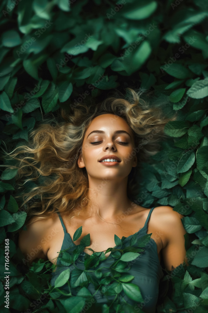 Young woman model lying in green jungle leaves, eyes closed, view from above. Generative AI Young woman model lying in green jungle leaves, eyes closed, view from above. Generative AI