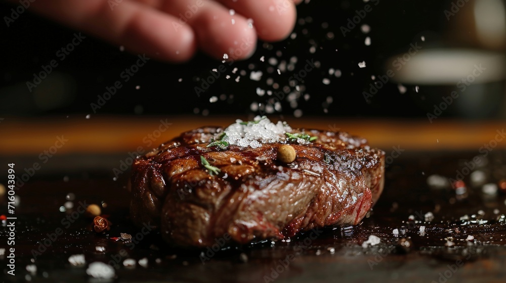 Gourmet Sensation: Enhancing Flavor with a Pinch of Salt on a Freshly Cooked Steak Gourmet Sensation: Enhancing Flavor with a Pinch of Salt on a Freshly Cooked Steak