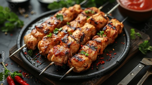 Gourmet Dining: Chicken Kebab Skewers on a Black Plate with Tomato Sauce