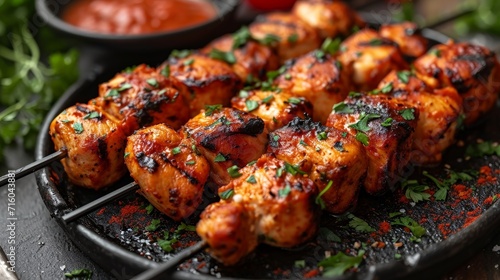 Close-Up Culinary Delight: Top View of Chicken Kebab on a Black Plate