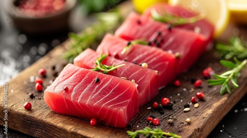 Flavor Fusion: Tuna Steak and Sashimi Harmony on Japanese Wooden Elegance