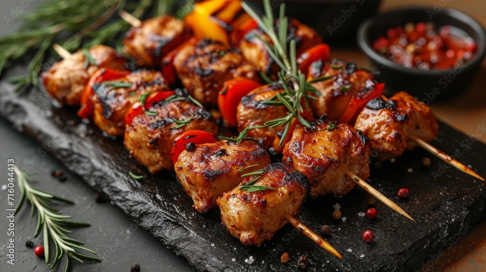 Culinary Artistry: Top View of Grilled Chicken Kebab Skewers on a Black Plate, Displayed on a Wooden Table with Copy Space
