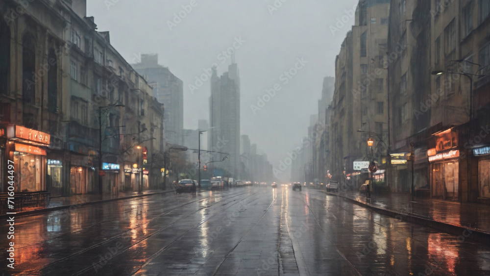The view of the city in rainy conditions without people is very quiet