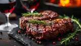 Party Perfect: Hand Sprinkles Salt on Grilled Beef Steak, Red Wine Cup, and Festive Vibes with Party Lights Illumination