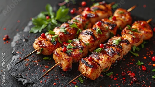 Visual Feast: Close-Up of Chicken Kebab Skewers Arranged on a Black Plate, Set on a Wooden Table with Generous Copy Space