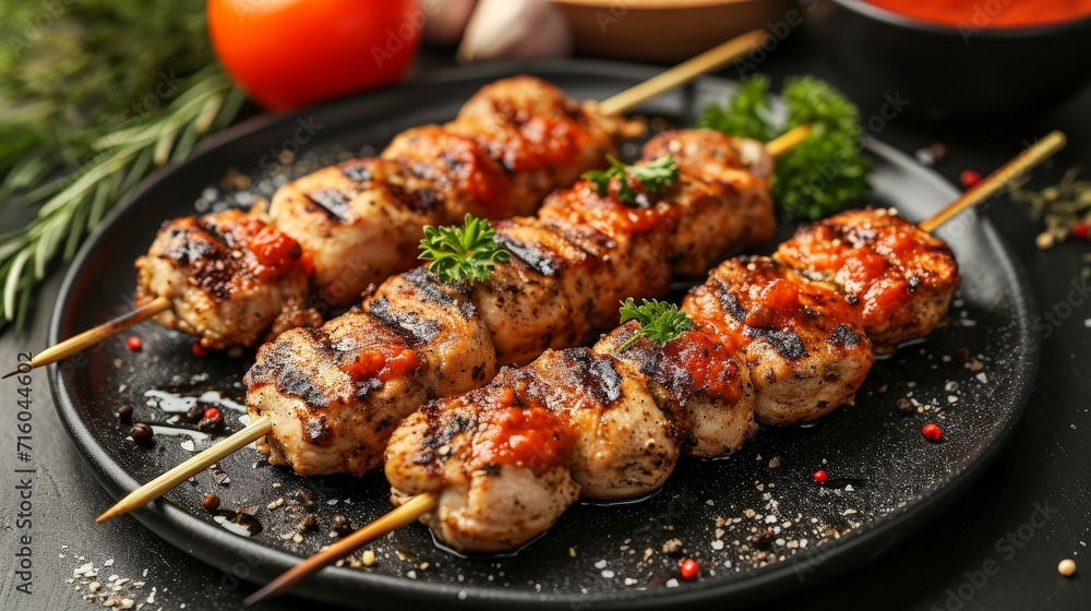 Gastronomic Delight: Top View of Succulent Chicken Kebab Skewers on a Black Plate with Tomato Sauce and Vegetables