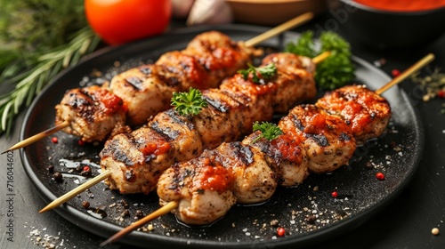 Gastronomic Delight: Top View of Succulent Chicken Kebab Skewers on a Black Plate with Tomato Sauce and Vegetables