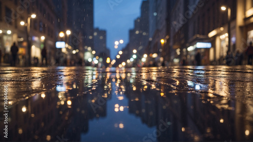The middle of the city at night is rainy with the reflection of lights in puddles