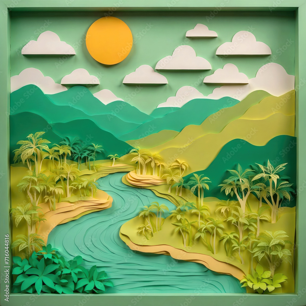 3D Paper art of tropical nature scene. Papercraft rainforest river landscape. Generative ai