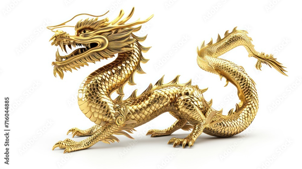 Fototapeta premium Chinese golden dragon isolated on white with clipping path.Golden traditional chinese dragon isolated on white background. Feng Shui statuette.